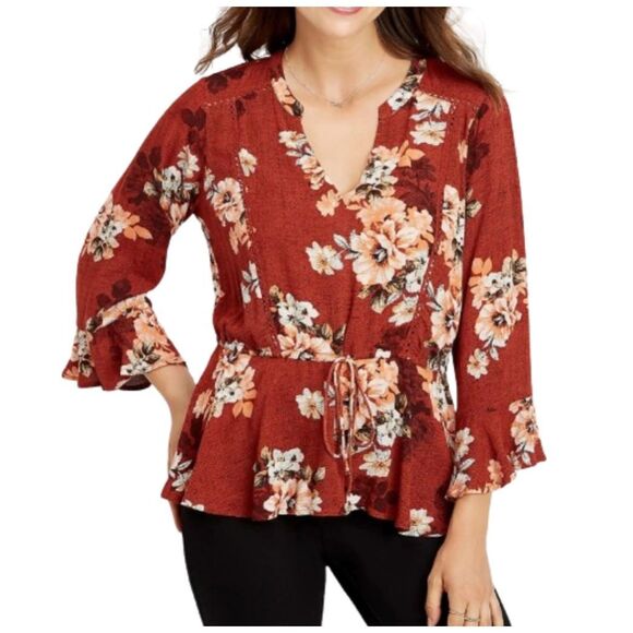 Maurices Tops - Maurices Women's Red Floral‎ Crochet Long Butterfly Sleeve V-neck Peasant Blouse